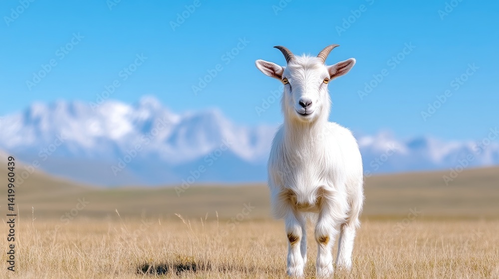 Fototapeta premium White goat in a golden meadow, mountain backdrop