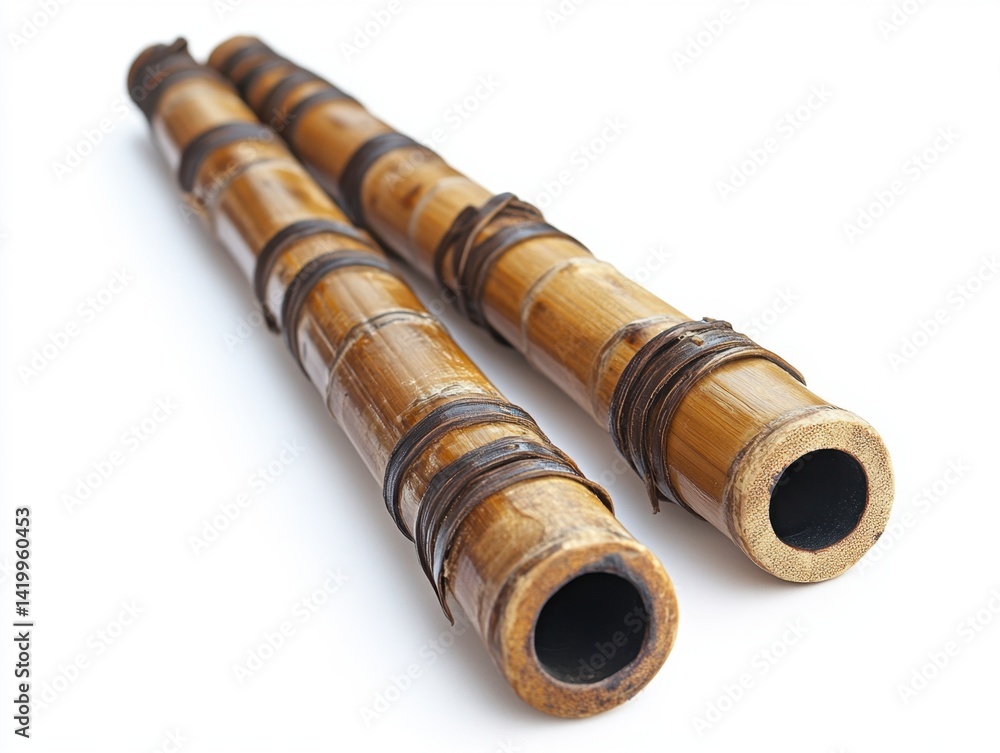 Two long bamboo musical instruments with dark brown bindings on a white background Two long bamboo musical instruments with dark brown bindings on a white background