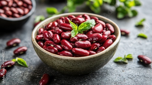 Fresh Red Beans in Bowl with Green Mint Leaves on Dark Background for Culinary and Healthy Living Concepts