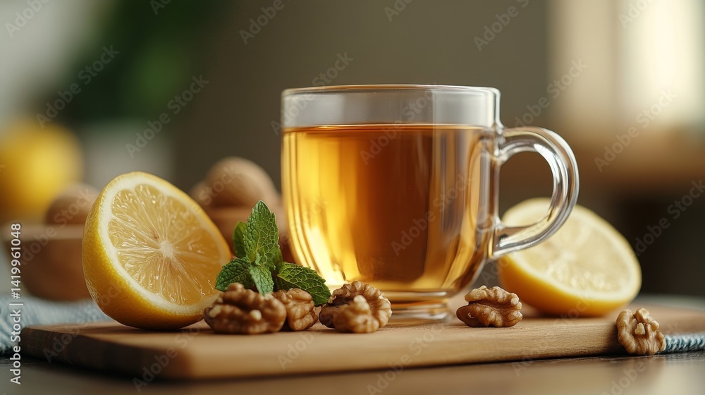 A warm and cozy atmosphere is depicted in a still life featuring tea, lemon, almonds, and walnuts arranged on a wooden board A warm and cozy atmosphere is depicted in a still life featuring tea, lemon, almonds, and walnuts arranged on a wooden board
