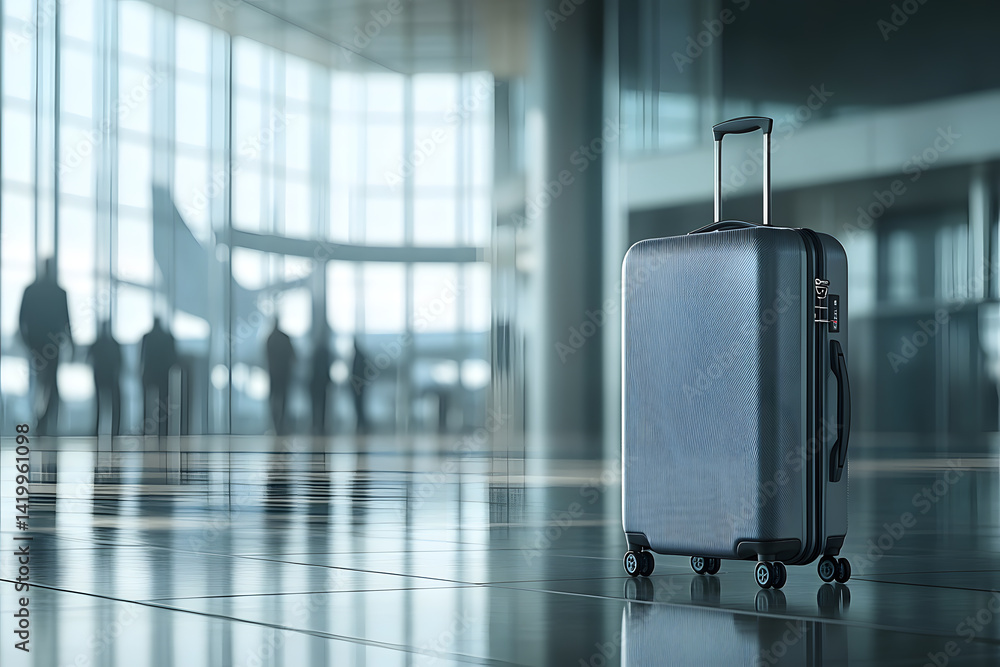 A suitcase stands alone in a bustling airport terminal, showcasing modern architecture and travelers A suitcase stands alone in a bustling airport terminal, showcasing modern architecture and travelers