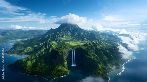Fototapeta Naklejka Na Ścianę i Meble -  Aerial View Of Lush Tropical Island With Waterfall And Volcano