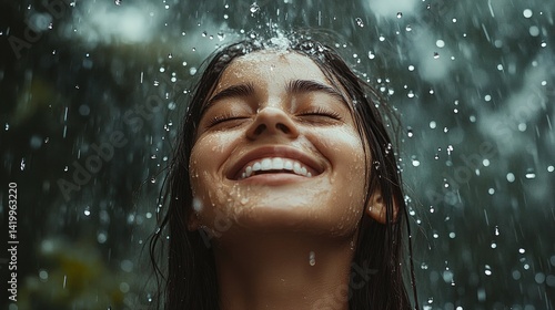 A young woman standing in the rain, laughing as water and tears mix on her face.