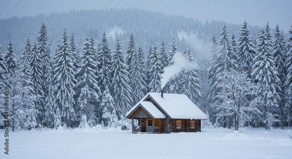 Naklejka premium Winter Cabin in Snowy Forest, Photo