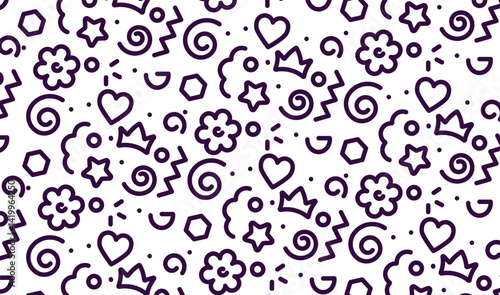 A cheerful pattern. The illustration is suitable for postcards, backgrounds, wallpapers, textiles. A pattern in the style of a cute squiggle with simple shapes. 