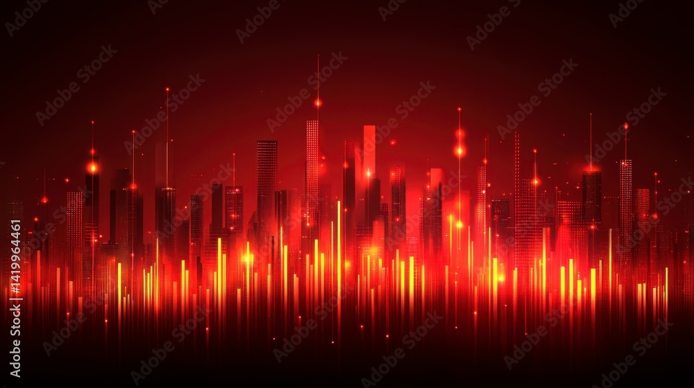 Red city skyline at night with glowing vertical lines, dark background Red city skyline at night with glowing vertical lines, dark background