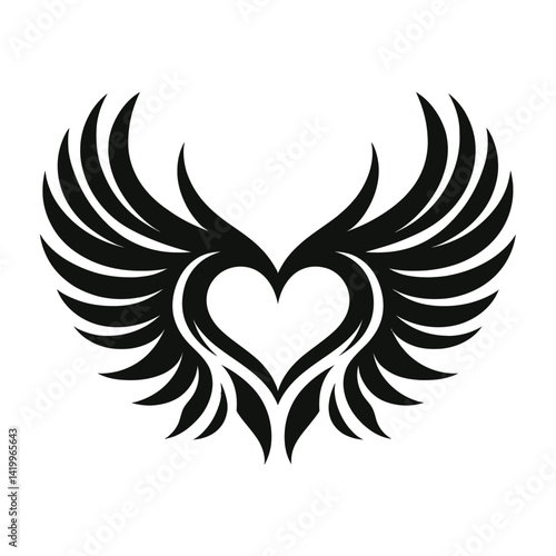 Wings forming a heart silhouette black color logo on white background
