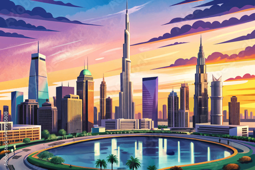 Amazing Sunset Dubai downtown with beautiful sky ,Dubai, United Arab Emirates