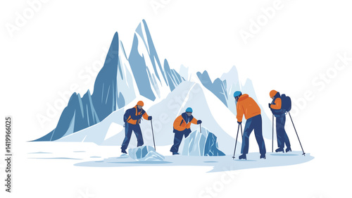 Stylized vector illustration, rendered in a flat design style, depicting four people on a mountaineering expedition. Dominated by soft blue and orange tones.