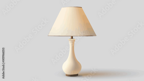 This photo shows a full view of a table lamp set against a pure white background. The lamp features a creamy white ceramic base with a tapering vase-like shape.