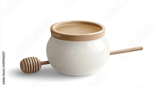 High angle close up studio photograph depicting a round white ceramic honey jar with a light beige wooden lid. A small wooden honey spoon lies next to it.