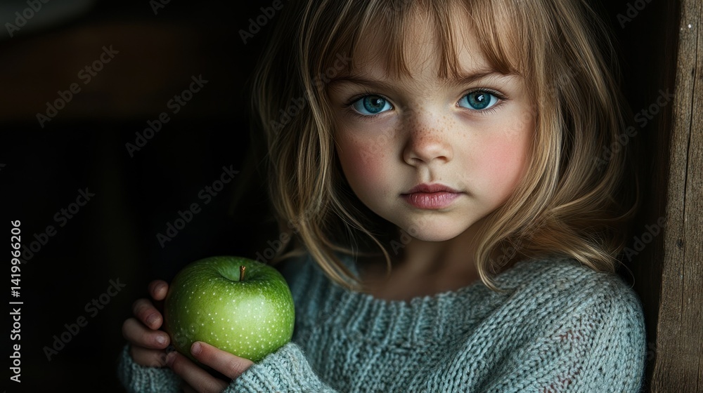 A Young Girl Holds A Green Apple Carefully A Young Girl Holds A Green Apple Carefully