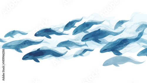 This digital watercolor painting depicts a group of whales swimming gracefully underwater in tranquil water. The whales are rendered in different shades of blue.