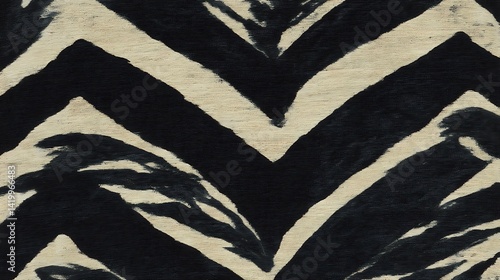 Abstract Chevron Pattern in Black and Beige with Striking Bold Brushstrokes and Textured Appearance.