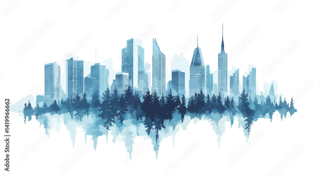 Fototapeta premium This painting depicts a stylized cityscape in watercolor. The skyline is depicted as a silhouette against a white background, with the buildings suggesting different heights.