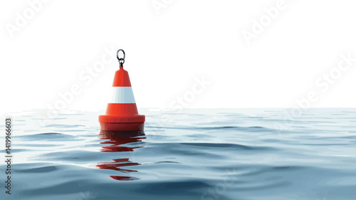 In this high-key photo, the orange and white conical buoy floats in the calm water, showing a subtle reflection.