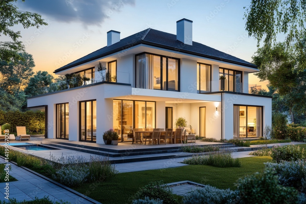 Fototapeta premium Modern, two-story home with outdoor living space at twilight.