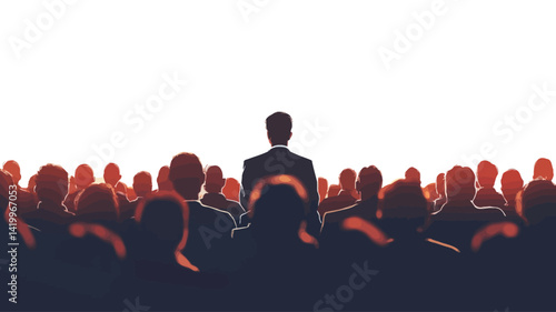 The image is a stylized vector illustration of a large group of people, with dark outlines against a bright white background dominated by a deep red color.