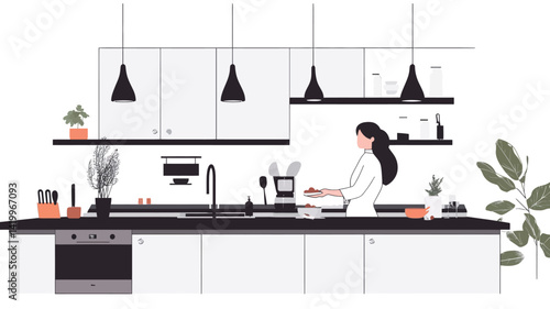 The illustration shows a minimalist kitchen interior with clean lines and black and white tones. A woman is sitting inside.