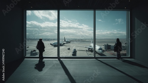 Two people standing in front of a window looking out at an airport
