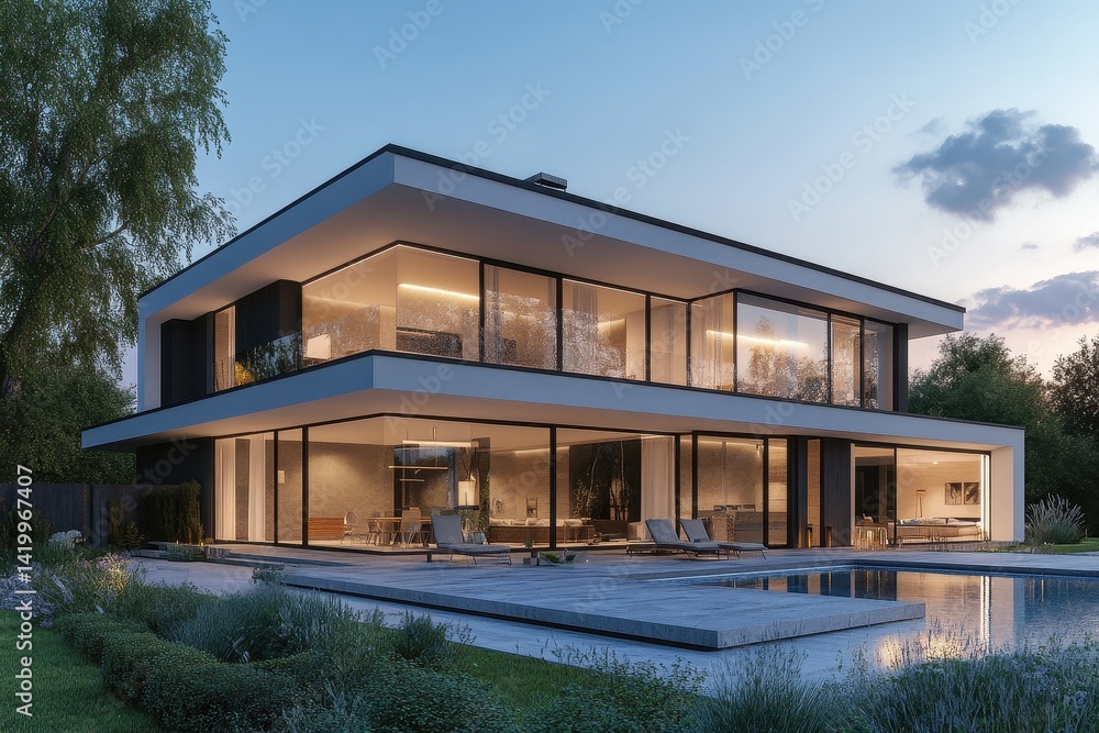 Modern, two-story house with expansive views and a pool. Modern, two-story house with expansive views and a pool.