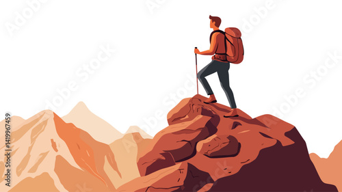 A stylized vector illustration of a male hiker standing on a rocky peak with orange mountains in the background.