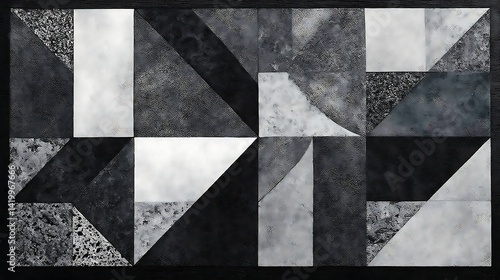 Abstract Composition of Geometric Shapes with Contrasting Textures in Shades of Gray and White Tones.