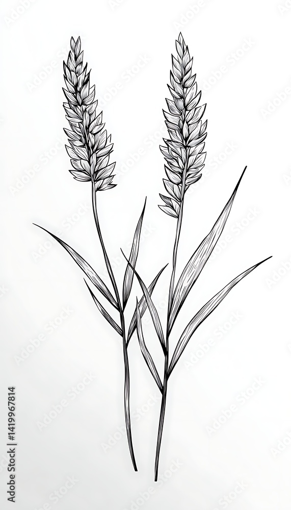 Fototapeta premium Two detailed pencil sketch wheat stalks on white background