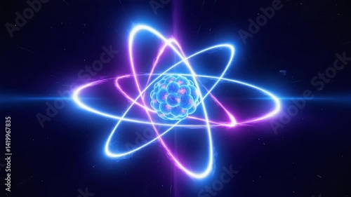 Vibrant, glowing atomic structure in space.