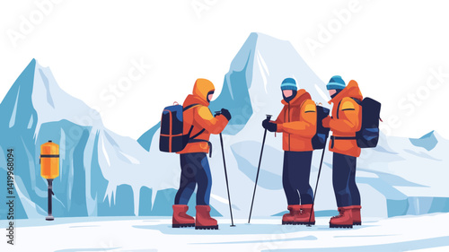 The illustration uses stylized vector graphics to depict three climbers wearing bright orange parkas and winter gear, having a discussion against a simple, plain background.