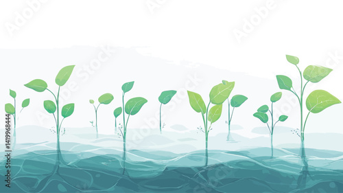 This digital illustration shows a row of stylized seedlings emerging from a softly rendered teal ground. The seedlings are in various stages of growth, with leaves starting from...