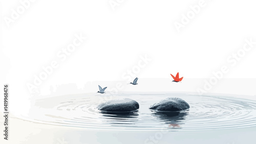 The painting presents a minimalist composition of two smooth dark grey stones resting on a surface of calm water, with subtle concentric ripples emanating from an invisible point nearby.