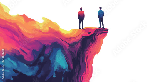 This work is presented as a stylized illustration of two men standing on the edge of a cliff overlooking a dramatic landscape. The figures are rendered in a clean, minimalist style.