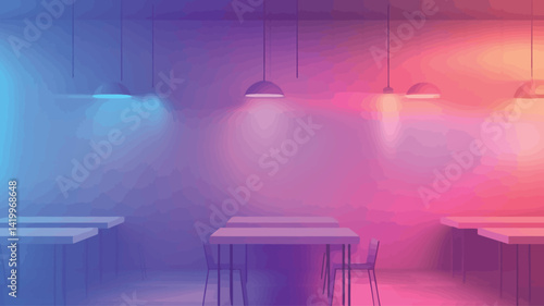 This image shows a digitally rendered minimalist interior scene. The space is dominated by a series of evenly spaced pendant lights that cast volumetric colored light onto the white walls.