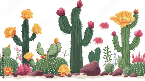 A digitally rendered illustration shows a brightly colored cactus in bloom against a white background. The cacti come in a variety of sizes and species, with varying textures, from smooth to.
