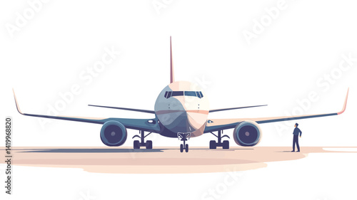 A digital illustration depicts the front of a large commercial aircraft on the tarmac. The aircraft is rendered in a slightly impressionistic style, with subtle gradients suggesting light.