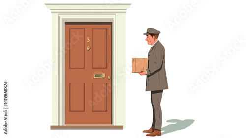 stylized vector illustration of a man in period costume, possibly a postman or deliveryman, standing in front of a classic paneled wooden door. He holds a brown rectangular package in his hands.