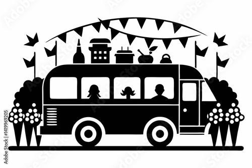 labour day,  day labour, happy labour day wish,  isolated Assets, isolated, clip art, Illustration of a black and white food truck with ice cream 