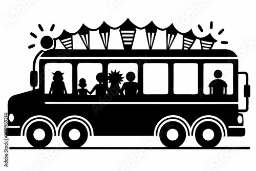 labour day,  day labour, happy labour day wish,  isolated Assets, isolated, clip art, Black silhouette of a bus with passengers and decorative flags