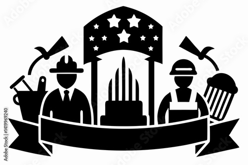 labour day,  day labour, happy labour day wish,  isolated Assets, isolated, clip art, Silhouette of workers with tools and banner featuring stars 