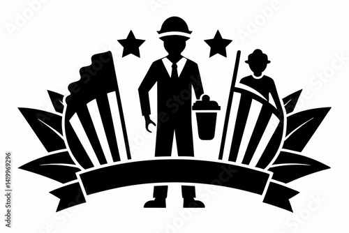 labour day,  day labour, happy labour day wish,  isolated Assets, isolated, clip art, Silhouette of two workers with american flag stars leaves 