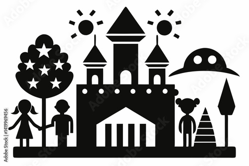 labour day,  day labour, happy labour day wish,  isolated Assets, isolated, clip art, Black and white scene featuring a castle, children, ufo, tree, suns, 