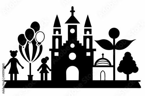 labour day,  day labour, happy labour day wish,  isolated Assets, isolated, clip art, Silhouette of a castle with two girls balloons 