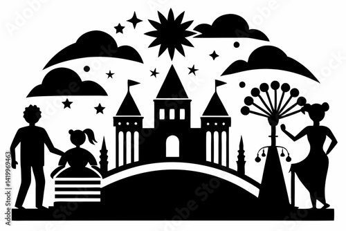labour day,  day labour, happy labour day wish,  isolated Assets, isolated, clip art, Silhouette of family near a castle under a starry sky with clouds