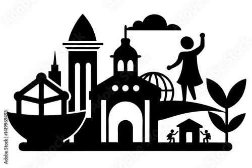 labour day,  day labour, happy labour day wish,  isolated Assets, isolated, clip art, Black and white cityscape silhouette with buildings, people, globe, 