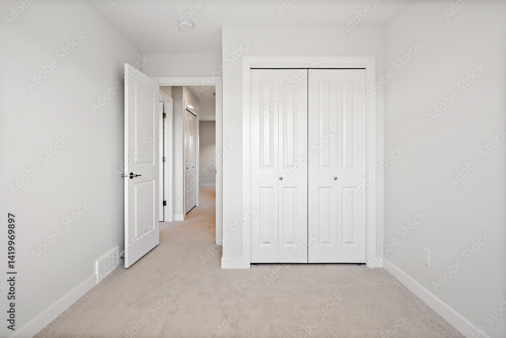 White bedroom with a white closet and a white door White bedroom with a white closet and a white door