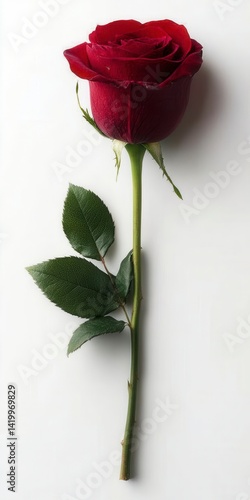 Single dark red rose with green leaves on a white background.