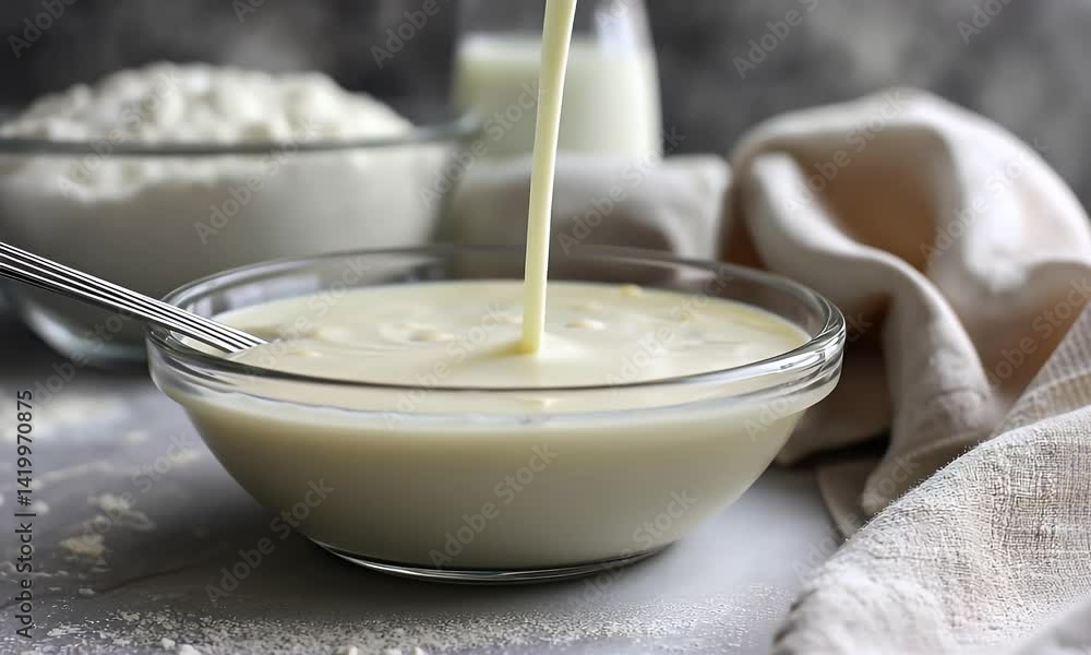 Cream is being poured in a clear bowl, while flour sits behind it. Milk is in a clear glass Cream is being poured in a clear bowl, while flour sits behind it. Milk is in a clear glass