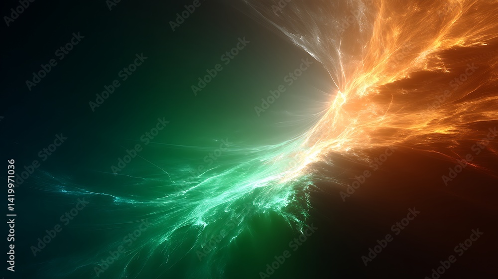 Abstract Fractal Wave of Energy Intertwined with Green and Orange Colors on Dark Backdrop Art
