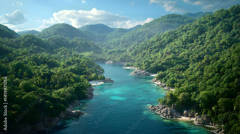 Tropical Bay With Lush Vegetation And Turquoise Water Tropical Bay With Lush Vegetation And Turquoise Water